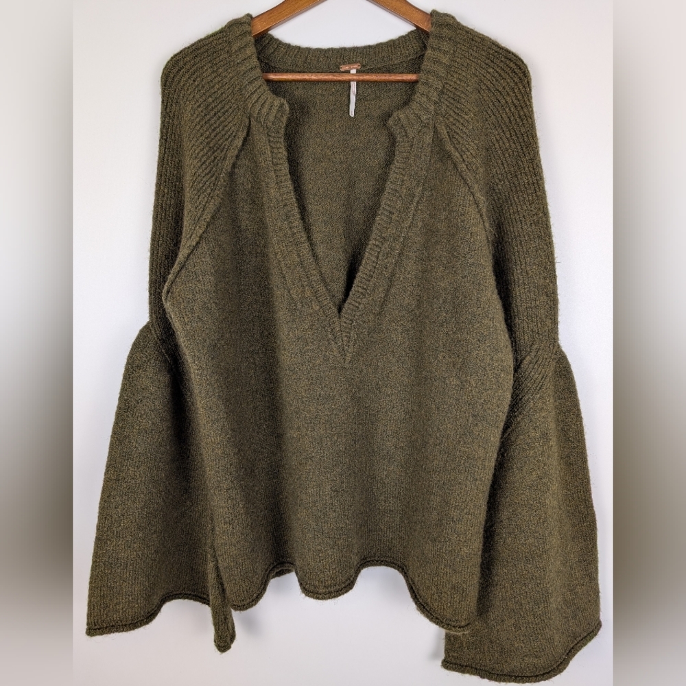 Free People Lovely Lines Olive Green Bell Sleeve Pullover Sweater Wool Blend